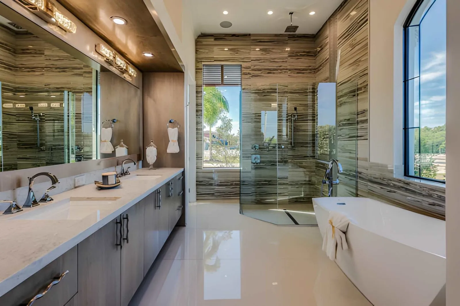 Kitchen and Bathroom Remodeling in Sunrise Manor displaying a luxury bathroom with walk-in shower, tile walls, and modern fixtures